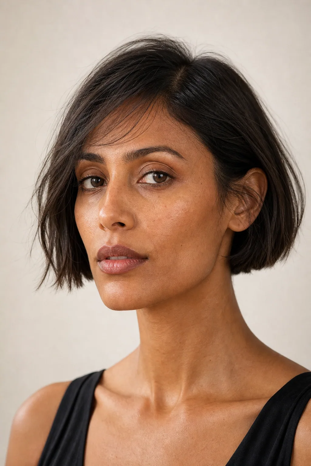 Fine hair in a cheekbone-length blunt bob sitting above the jaw, off-center part, front view