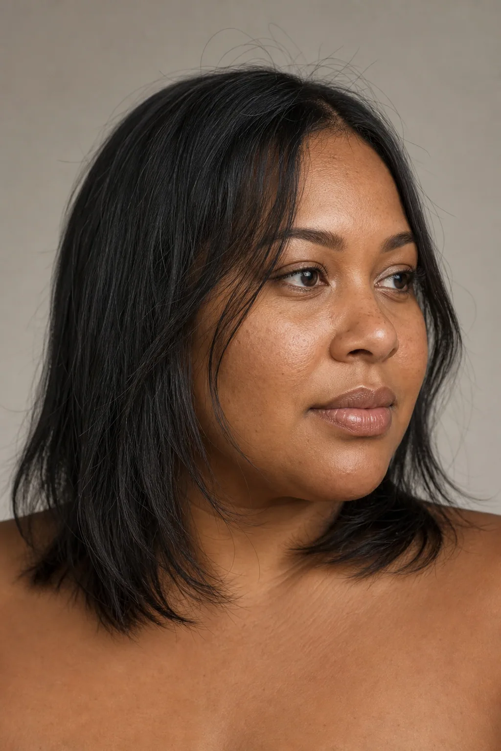 Collarbone-length cut with cheekbone-level face-framing layers angling down the cheeks on fine dark hair, woman with a fuller round face