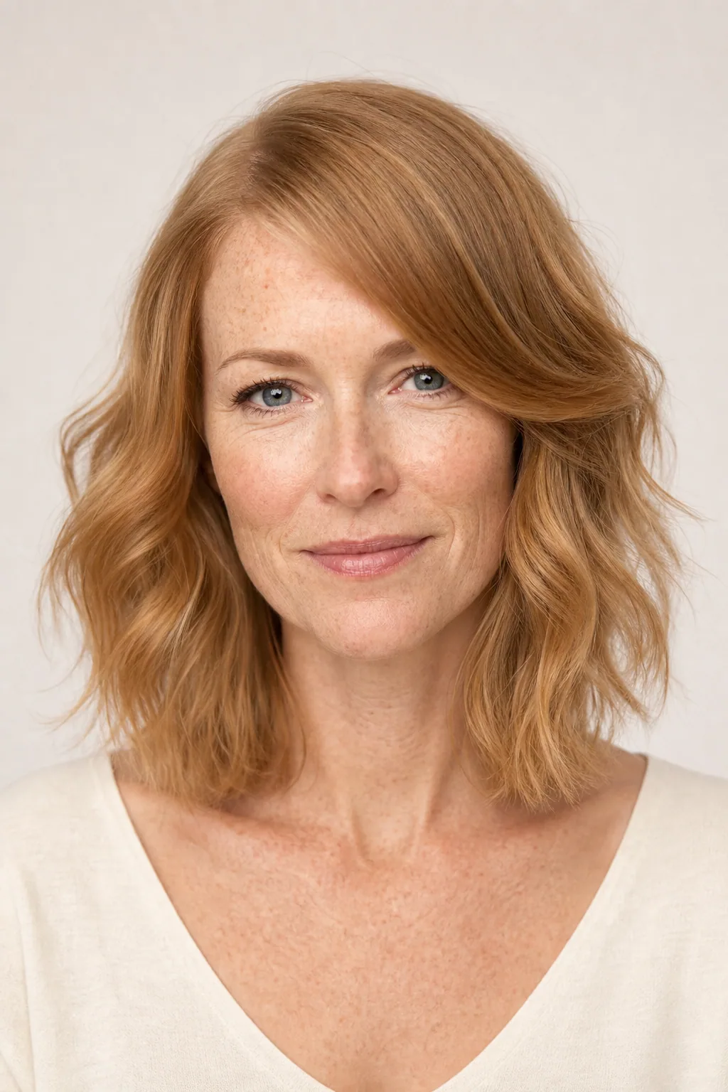 Fine hair at collarbone length worn with soft cheekbone-level waves and a deep side part, front view
