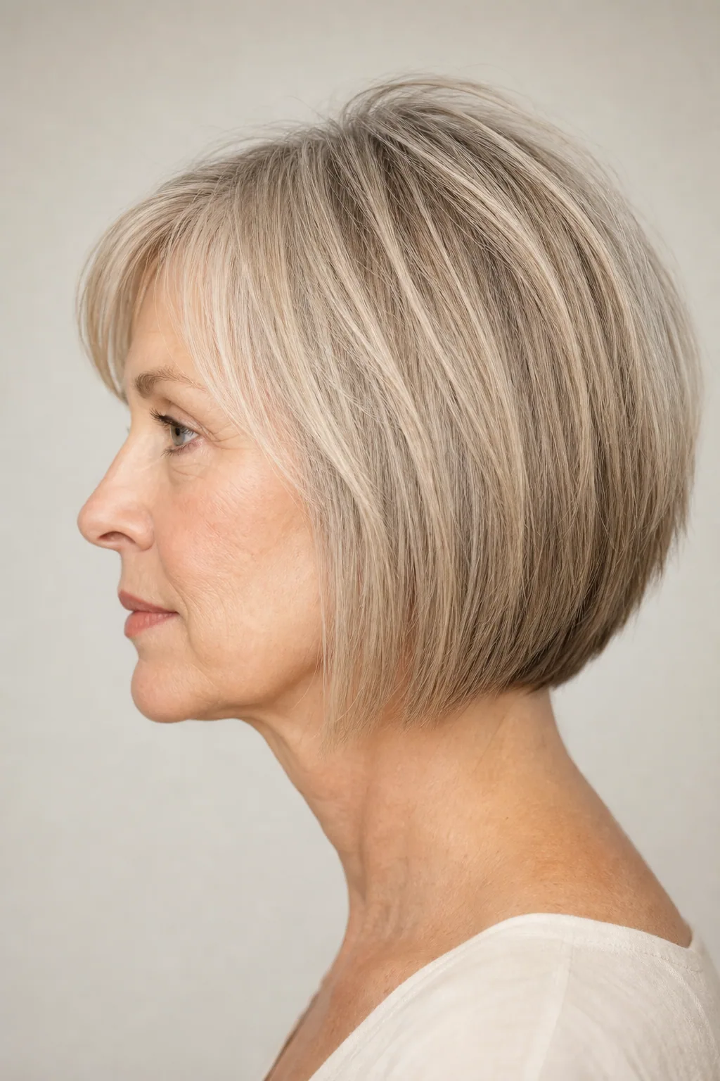 Fine hair in a chin-length bob with crown-only internal layering, showing lift at the top of the head, side view