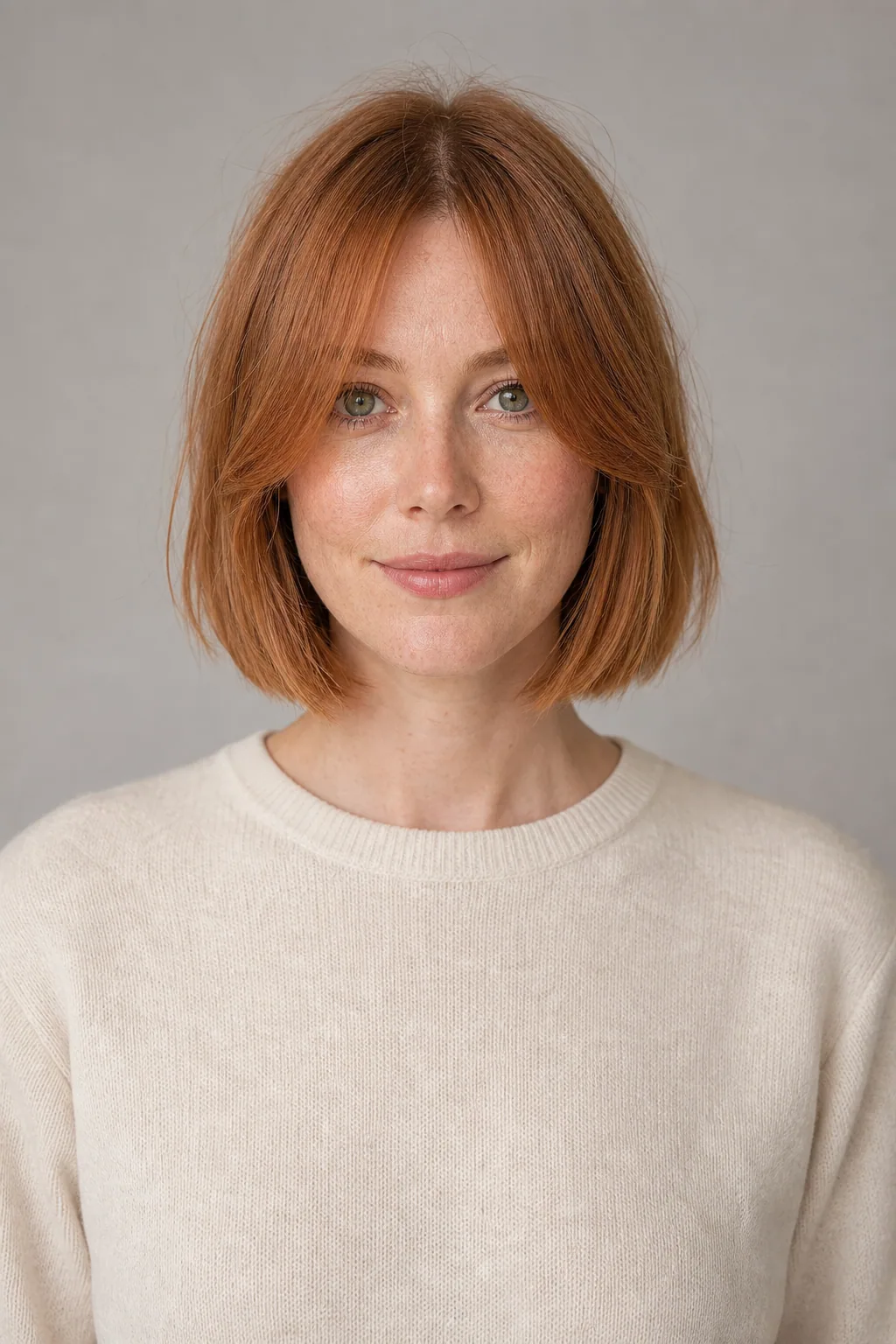 Chin-length bob with curtain bangs on fine auburn hair