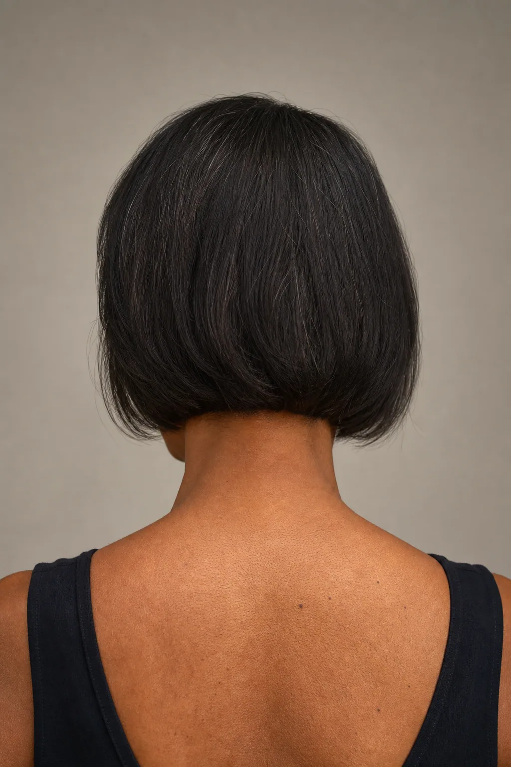 Fine hair in a chin-length bob with the ends bent softly inward under the jaw, back view showing a rounded silhouette