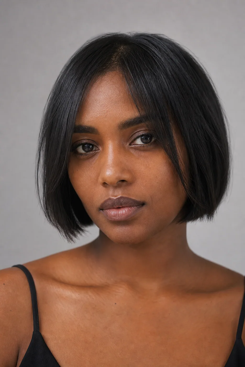 Chin-length blunt bob on fine hair with a short soft face-framing slide at the front only