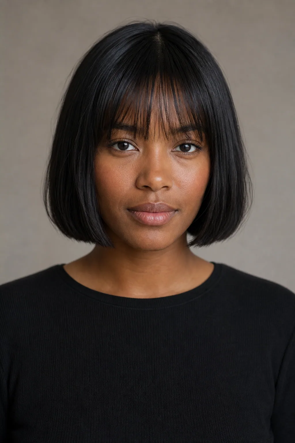 Chin bob with a soft point-cut full fringe on fine black hair