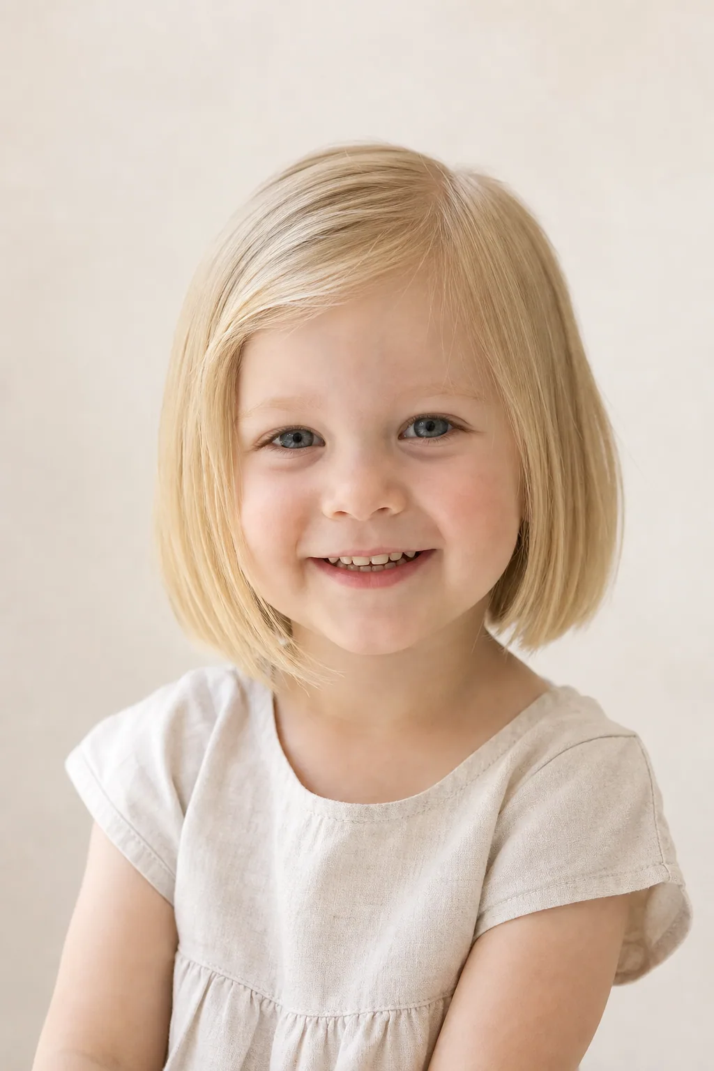 Toddler girl with a blunt chin-length bob on fine blond hair