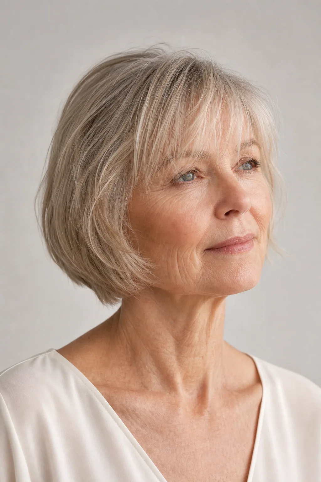 Chin bob with soft wispy bangs on fine thin blonde-grey hair over 60