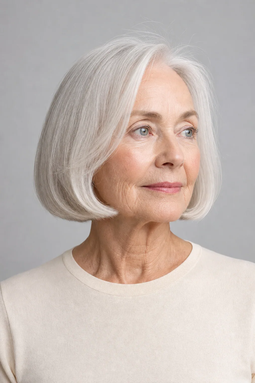 Chin-length Italian bob with a rounded hem on fine white hair over 70