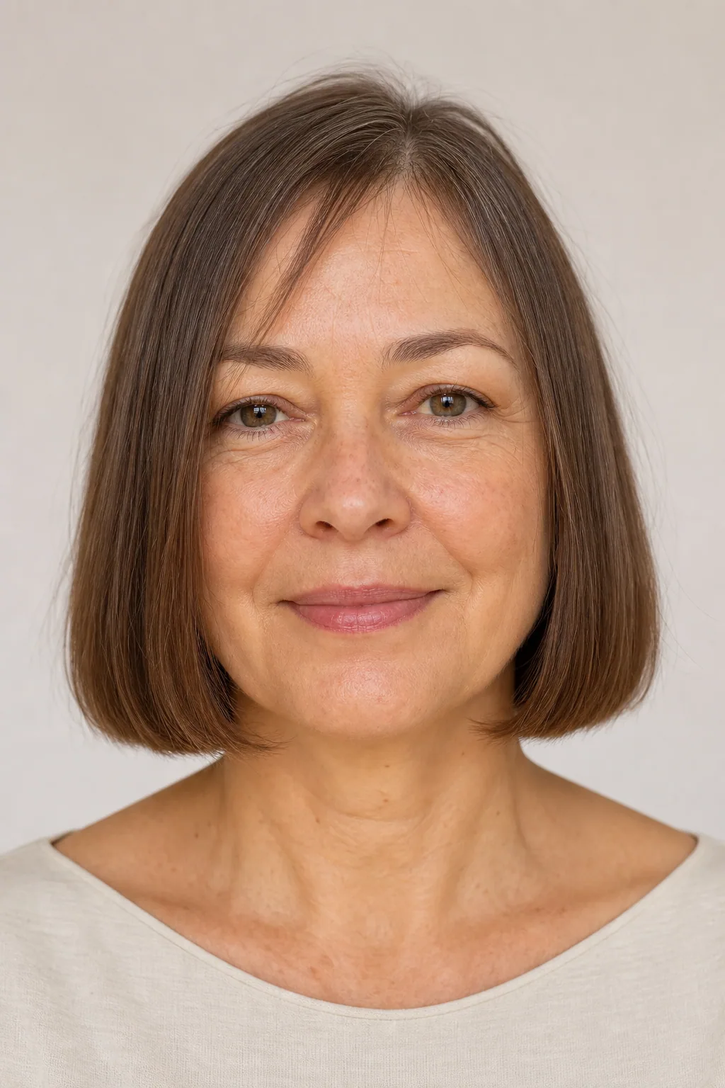 Chin-length blunt bob shown as the shape to avoid, one-length ending at the widest point on fine straight hair, woman with a round face