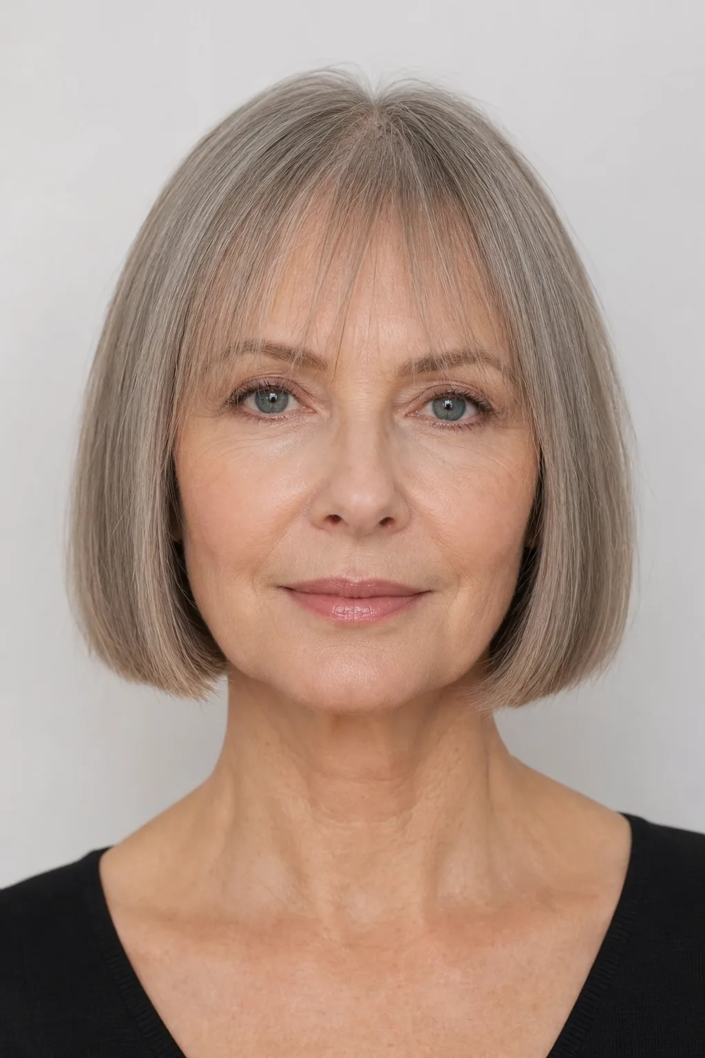 Chin-length fine hair in a blunt bob with a strong level hemline, smooth and dense at the ends, front view