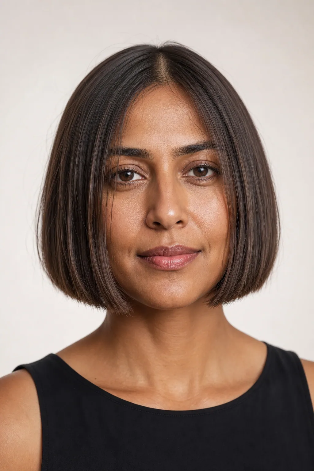 Fine hair in a chin-length blunt bob with a strong straight hemline, heart-shaped face, front view