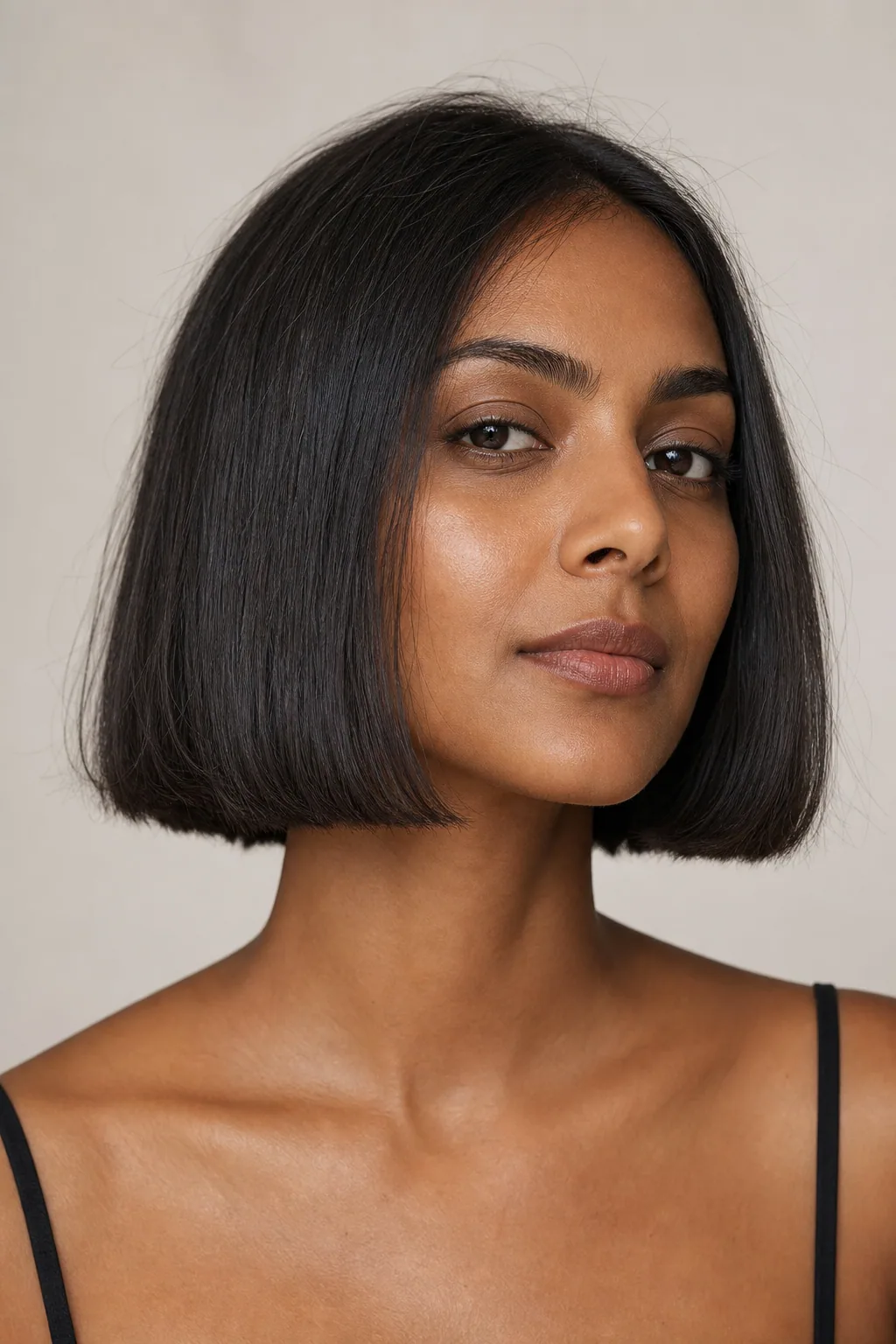 Chin-length blunt bob with a solid perimeter and no layering on fine dark hair, woman with an oval face