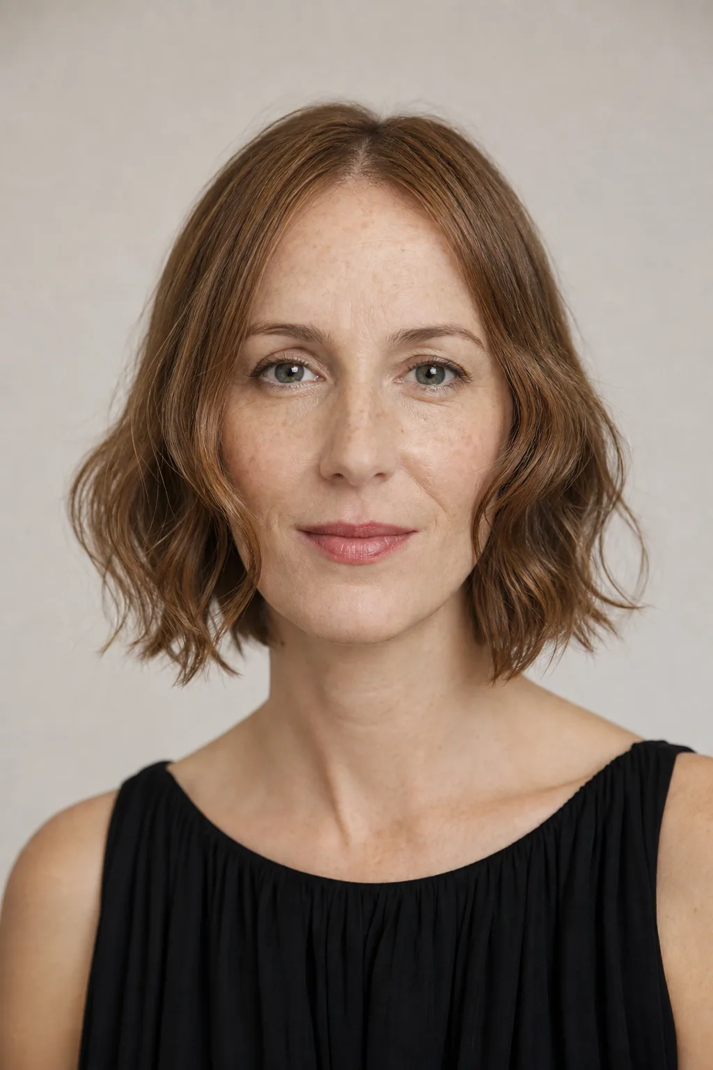 Fine hair at chin length with soft cheekbone-level waves and no crown lift, long face, front view