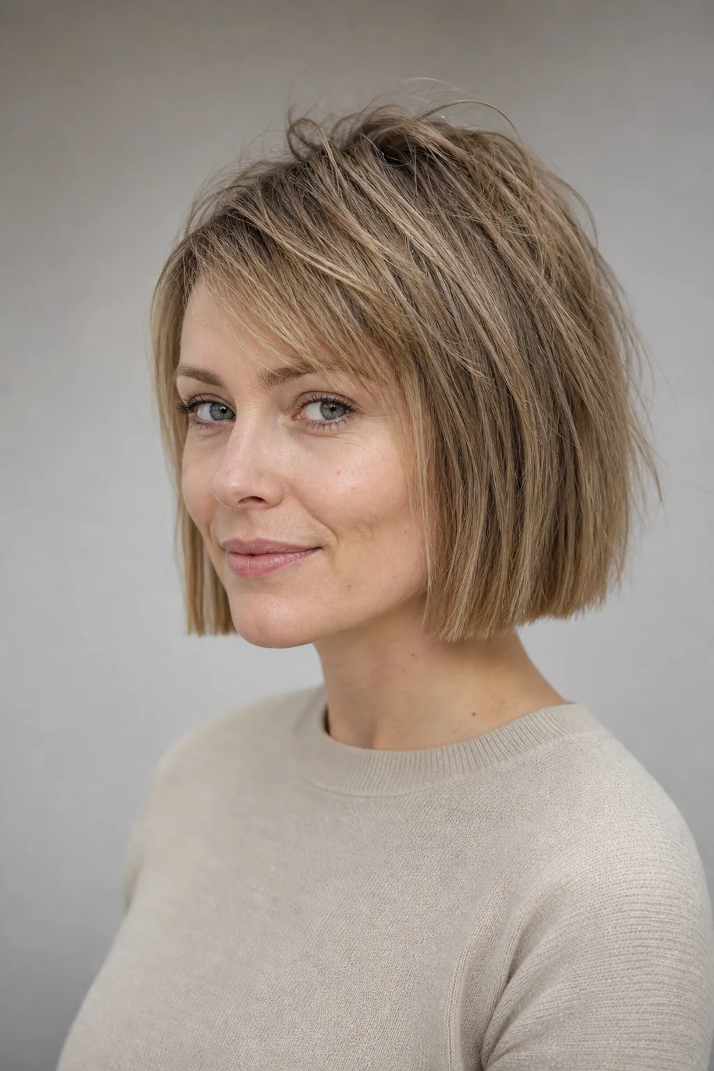 Chin-length shaggy bob with a solid hem on fine dark-blond hair