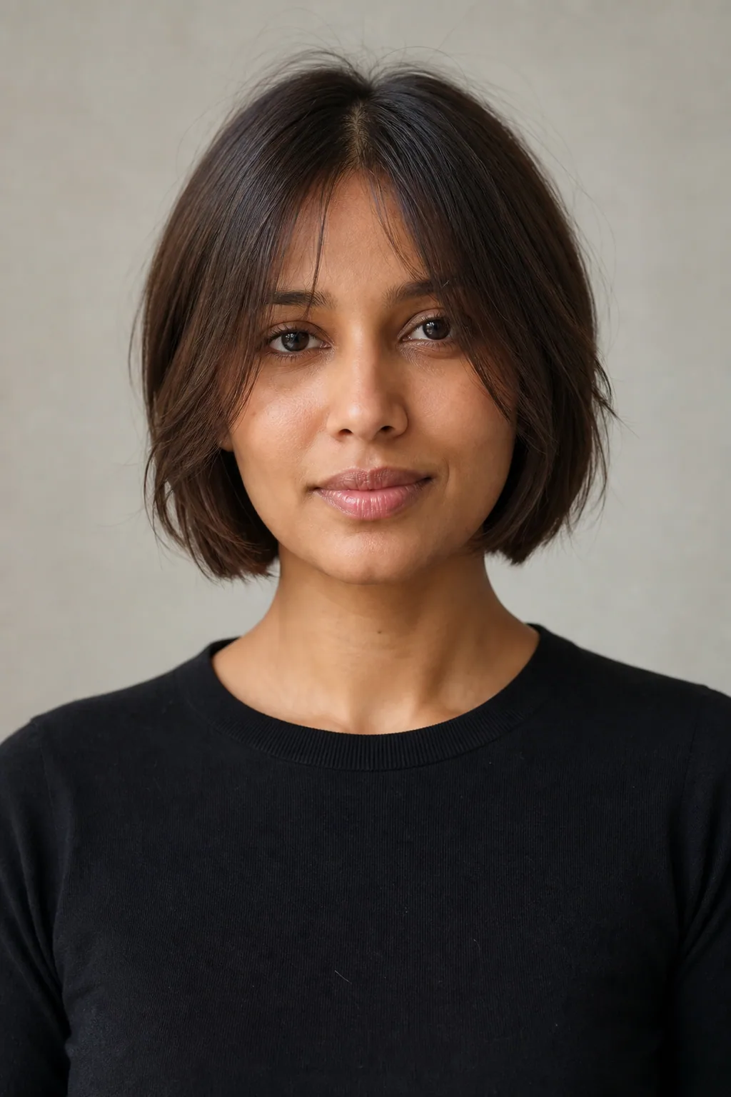 Chin-length short bob with curtain bangs on fine dark-brown hair