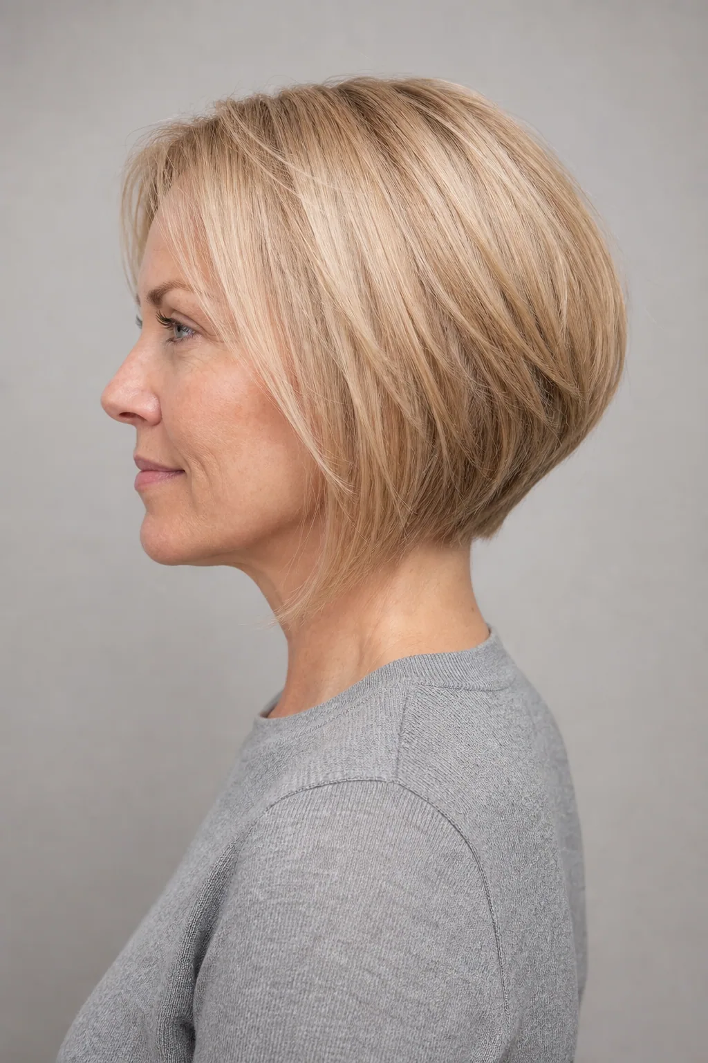 Chin-length short bob with a gently stacked back on fine blond hair