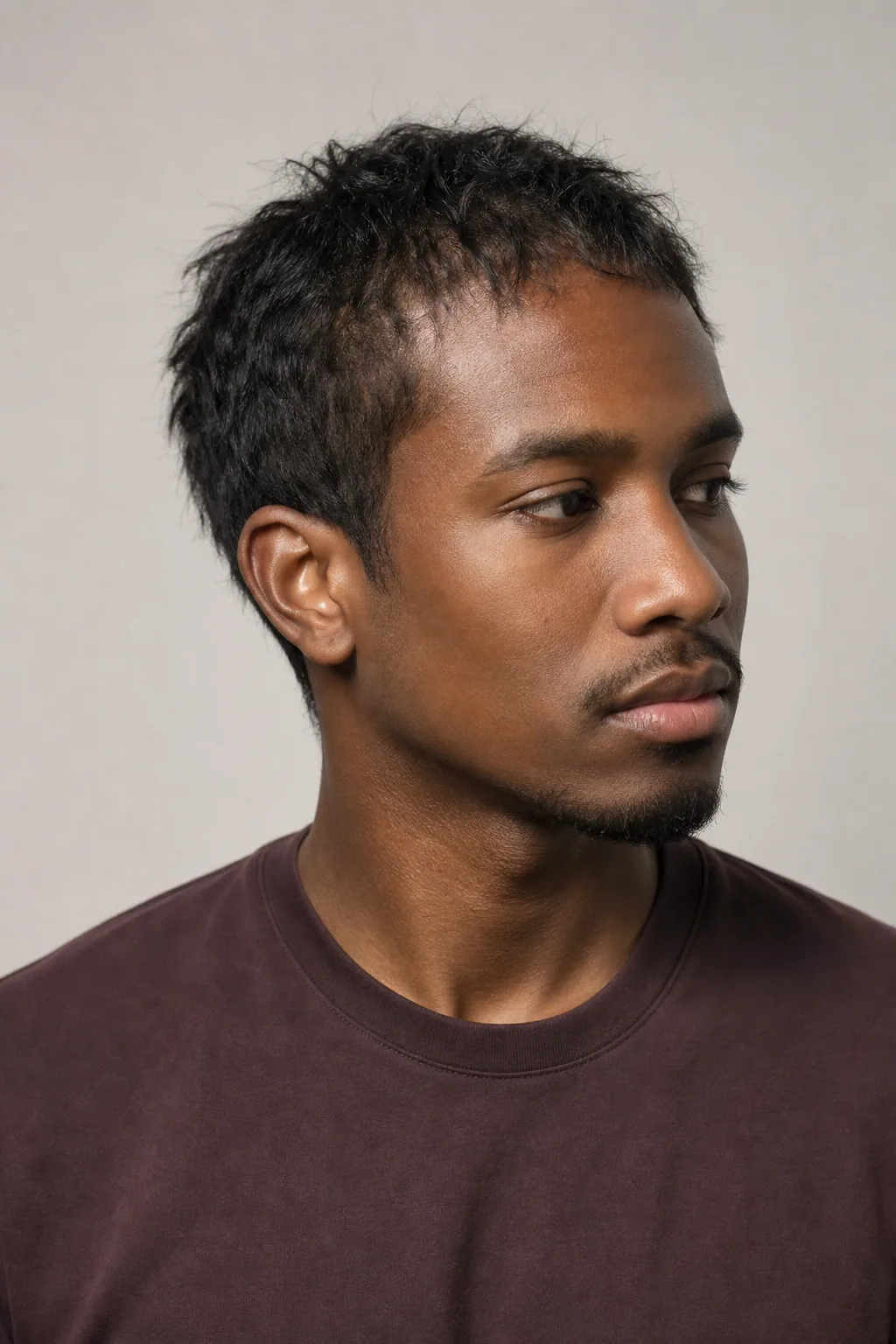 Choppy crop with a low taper on a man with fine, thin black hair