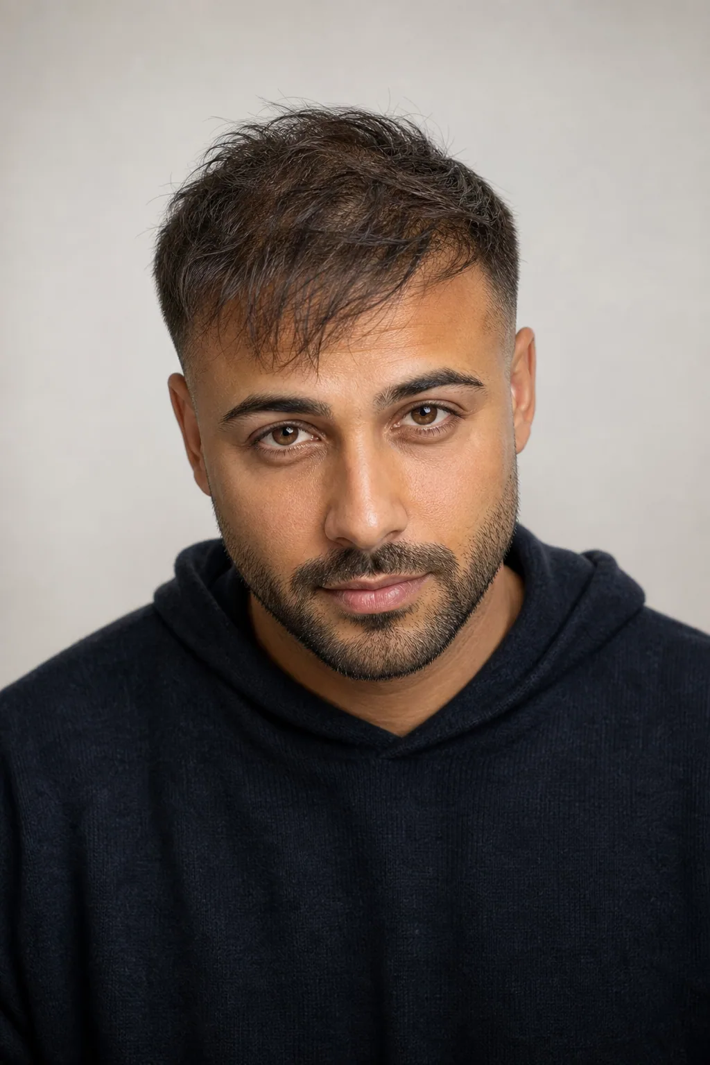 Choppy fringe crop with a low fade covering receding temples