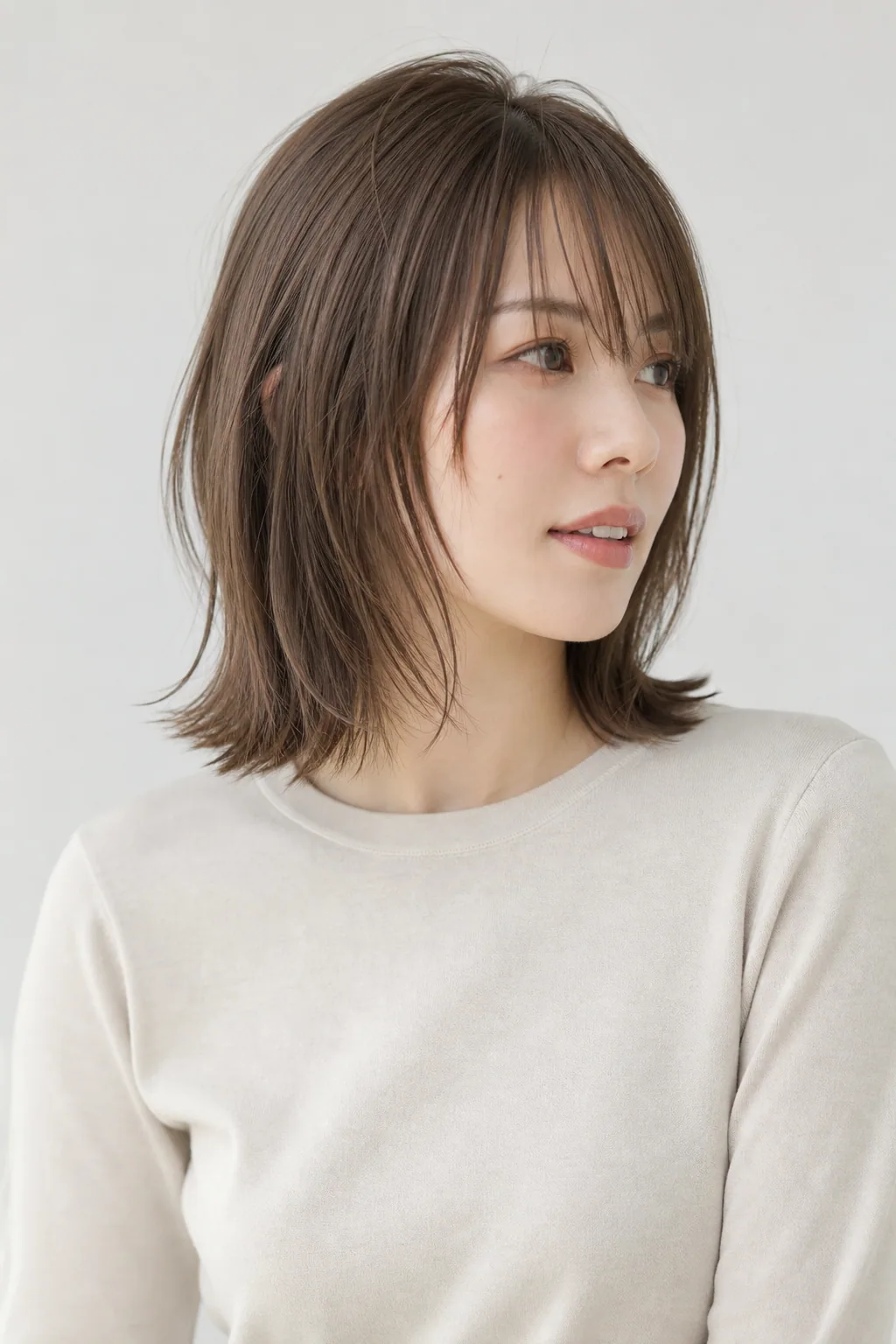 Choppy lob with point-cut ends on fine straight ash-brown hair