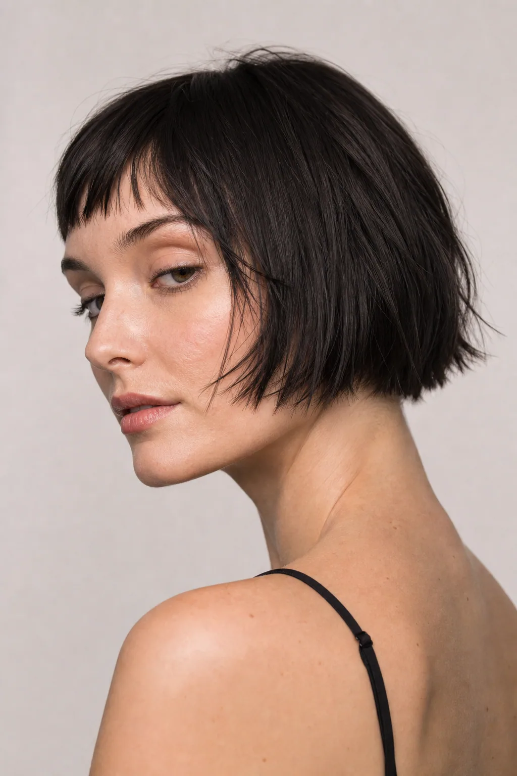 Choppy micro-bob with uneven piece-y ends creating separation on fine straight hair