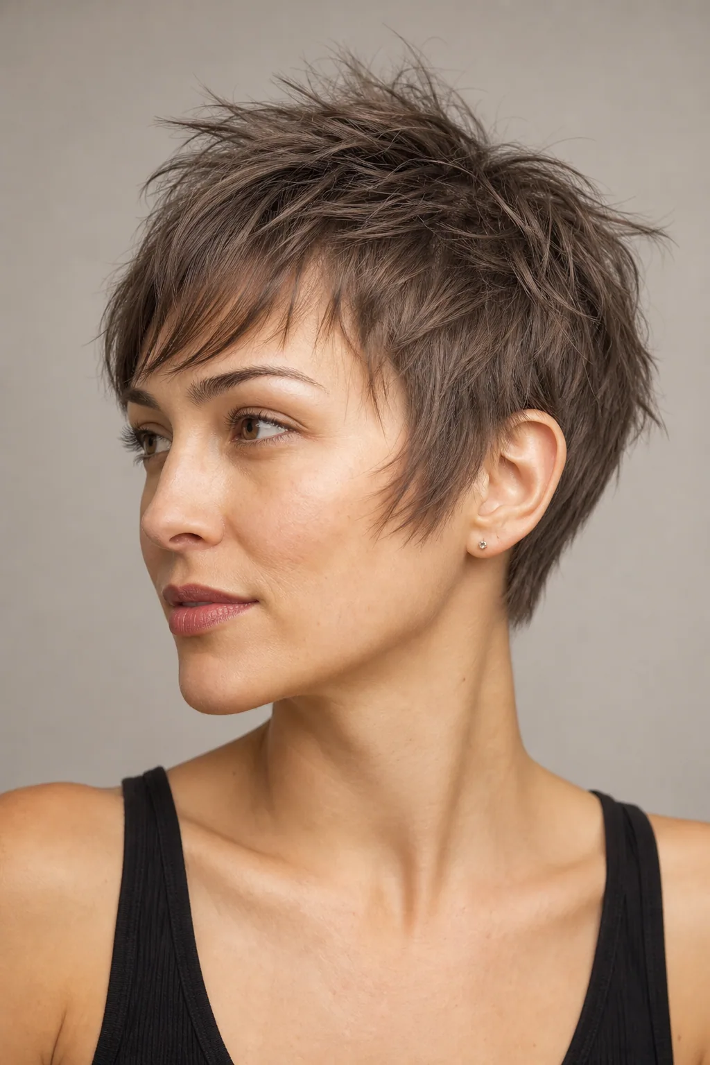 Choppy point-cut pixie with piece-y crown volume standing on fine hair