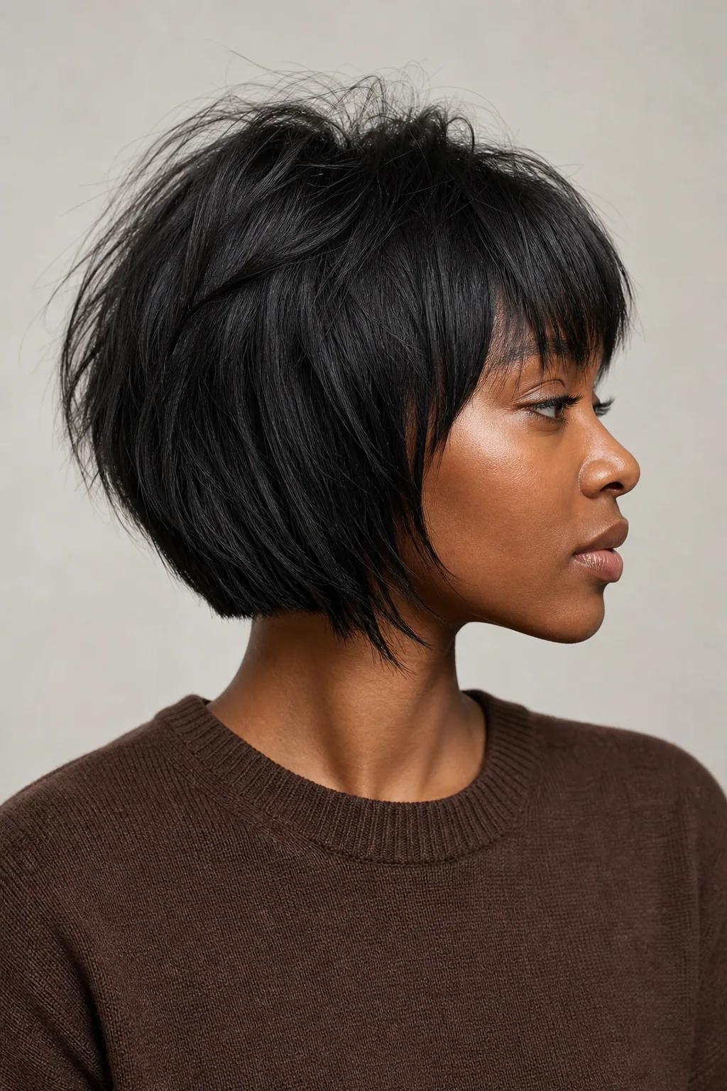 Choppy shaggy bob with a lifted textured crown on fine black hair