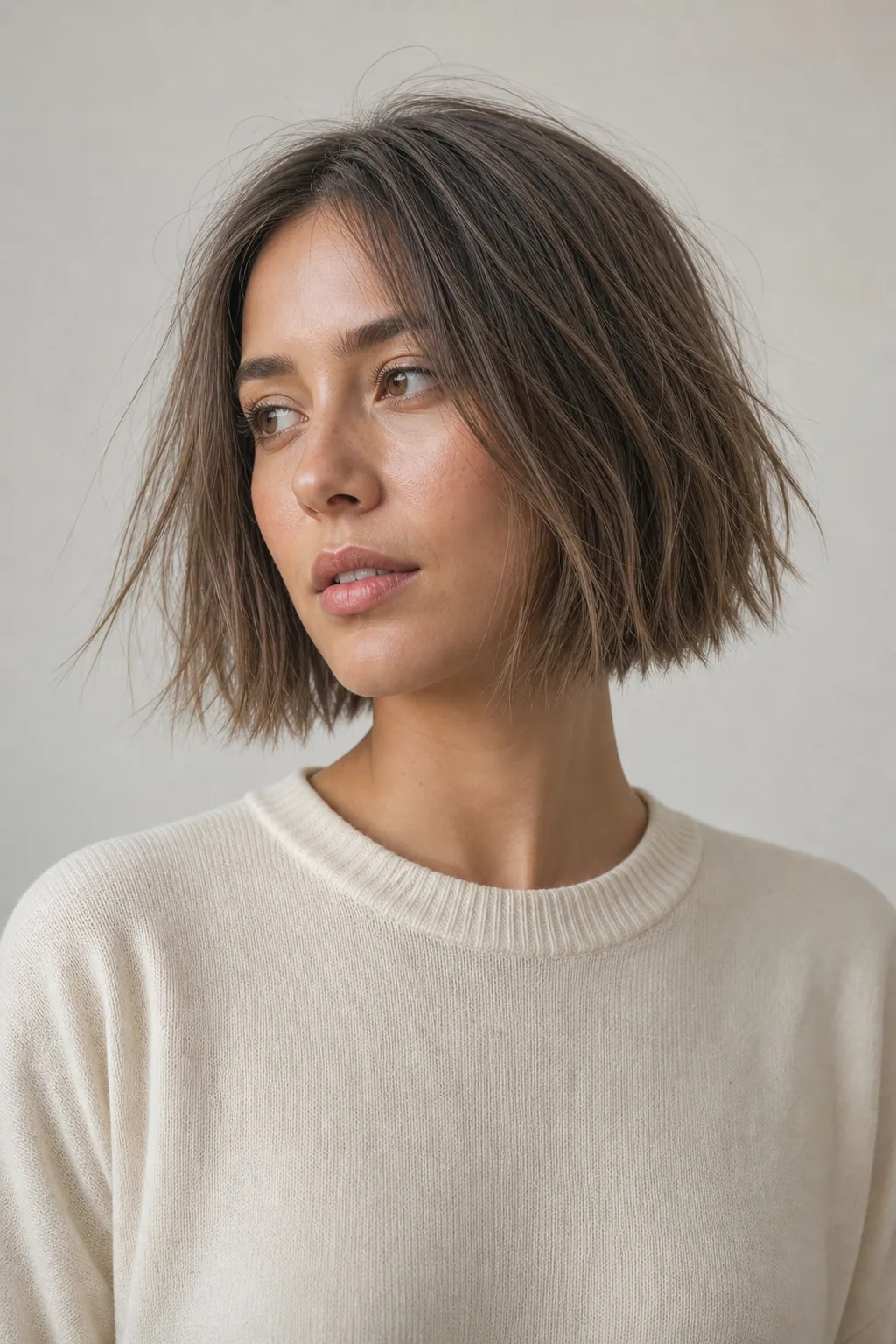 Choppy short bob with piece-y ends on fine ash-brown hair