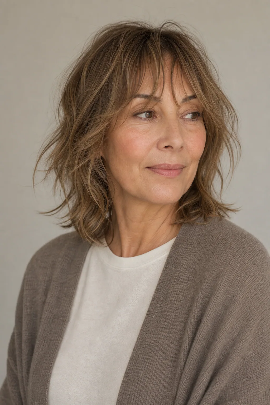 Choppy shoulder-length shag with curtain bangs on fine wavy hair over 50