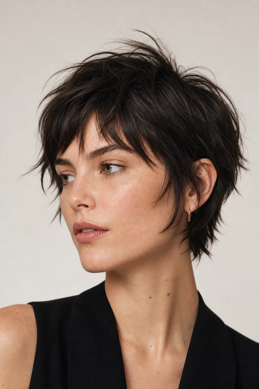 Choppy textured bixie with piece-y defined ends and an undone finish on fine hair