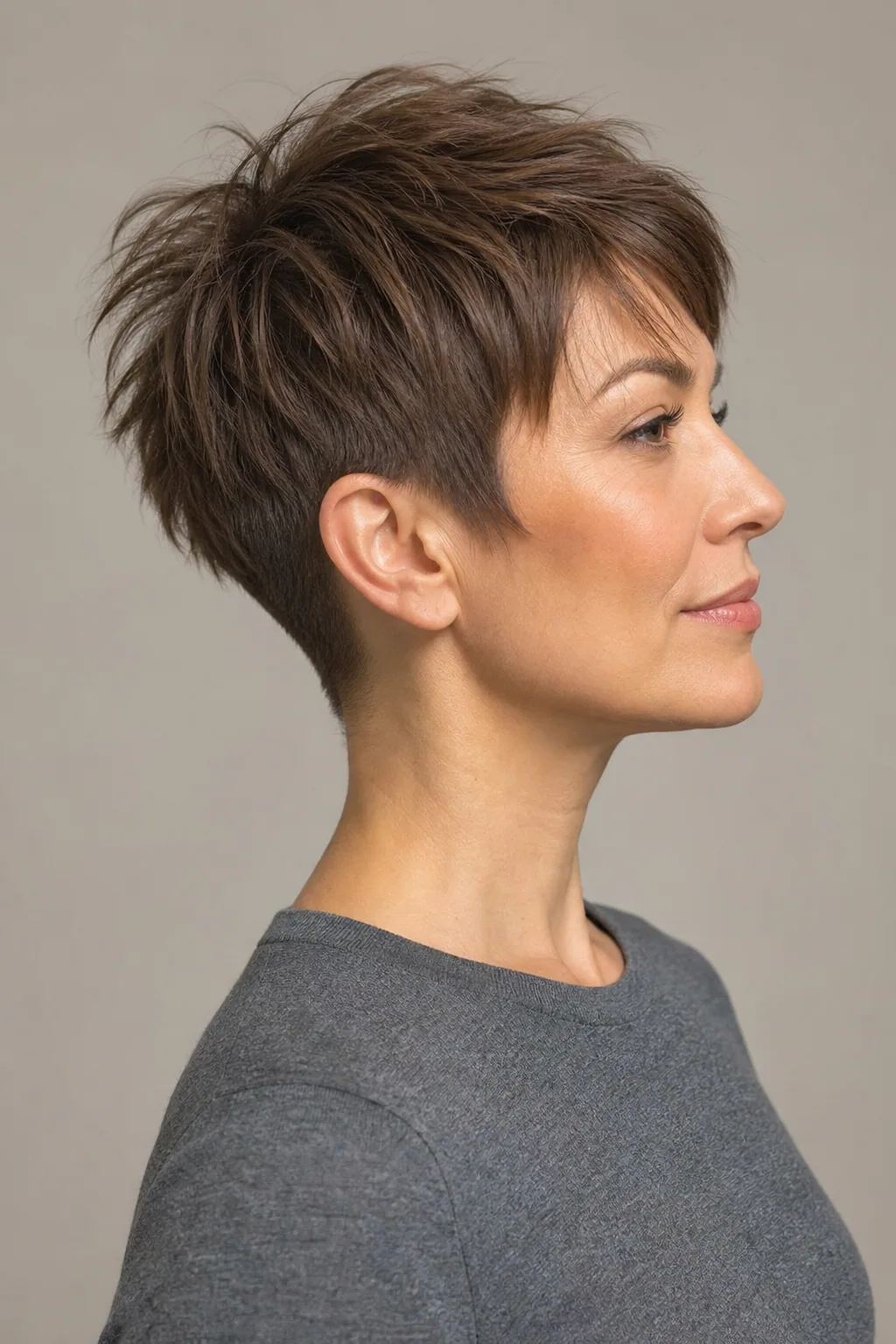 Choppy pixie with a lifted crown and short nape undercut on fine brown hair
