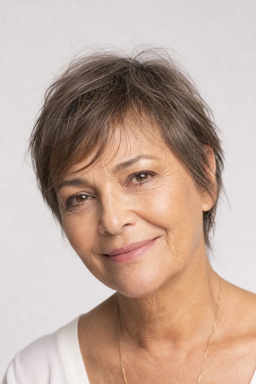 Choppy wash-and-go crop with an air-dried finish on fine thin brown-grey hair over 60