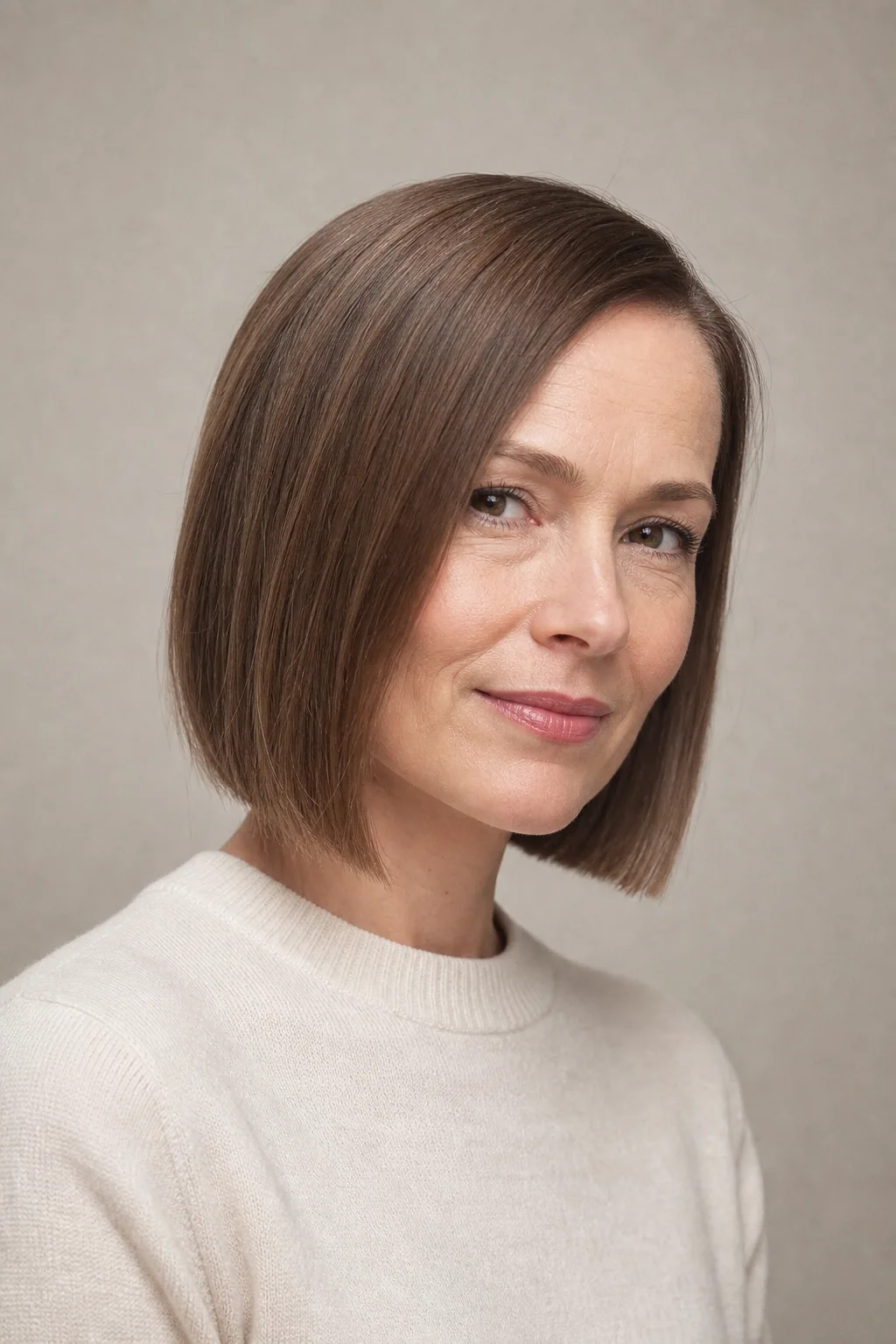 Classic blunt chin bob with a deep side part on fine brown hair
