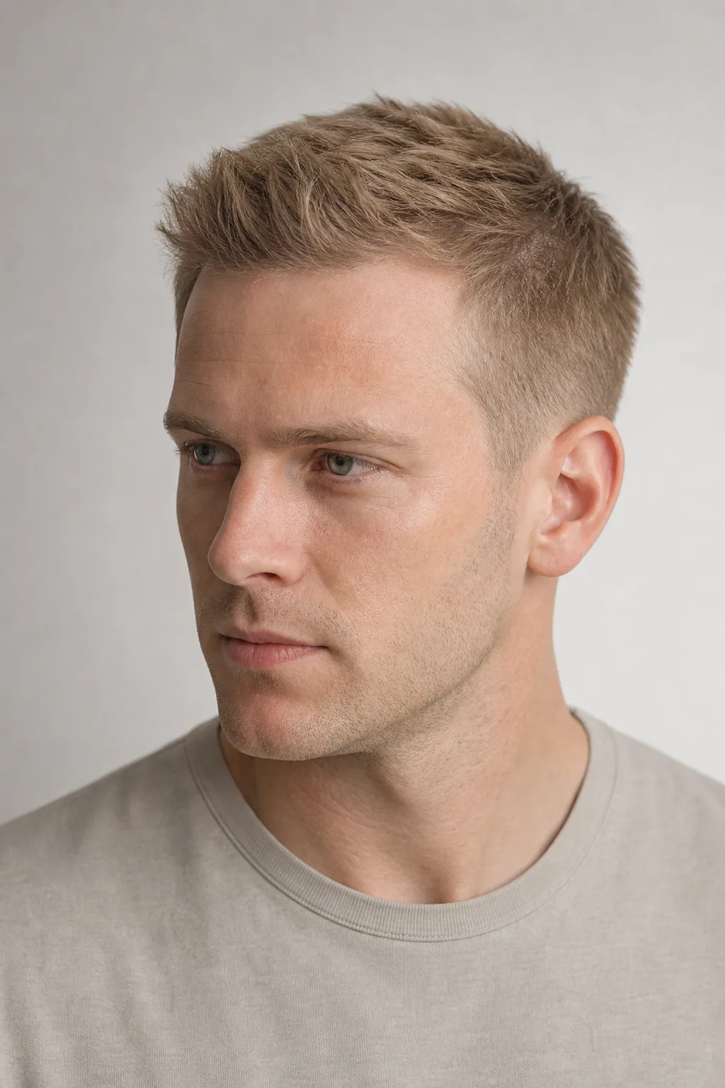 Classic crew cut with a textured, pushed-up front on thin dark-blond hair