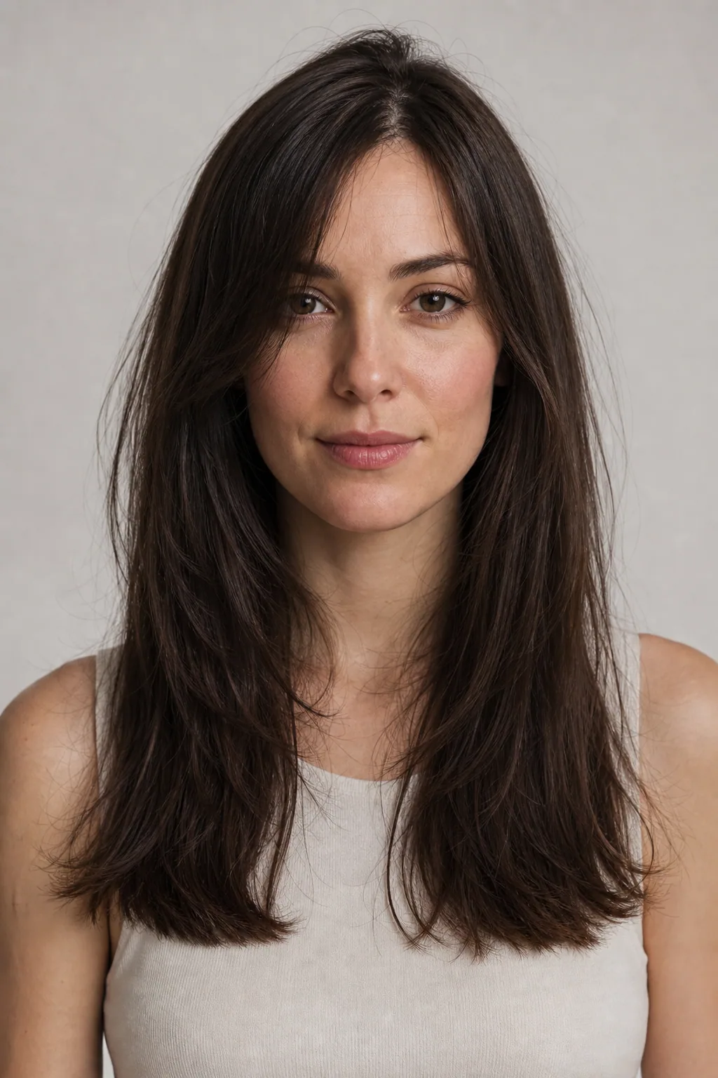 Classic long layers with a strong blunt hemline keeping fine straight hair looking full