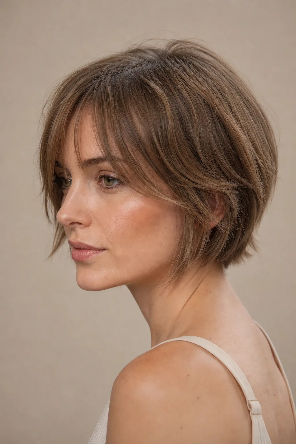Classic soft bixie with feathered crown layers and ear-to-jaw length on fine hair