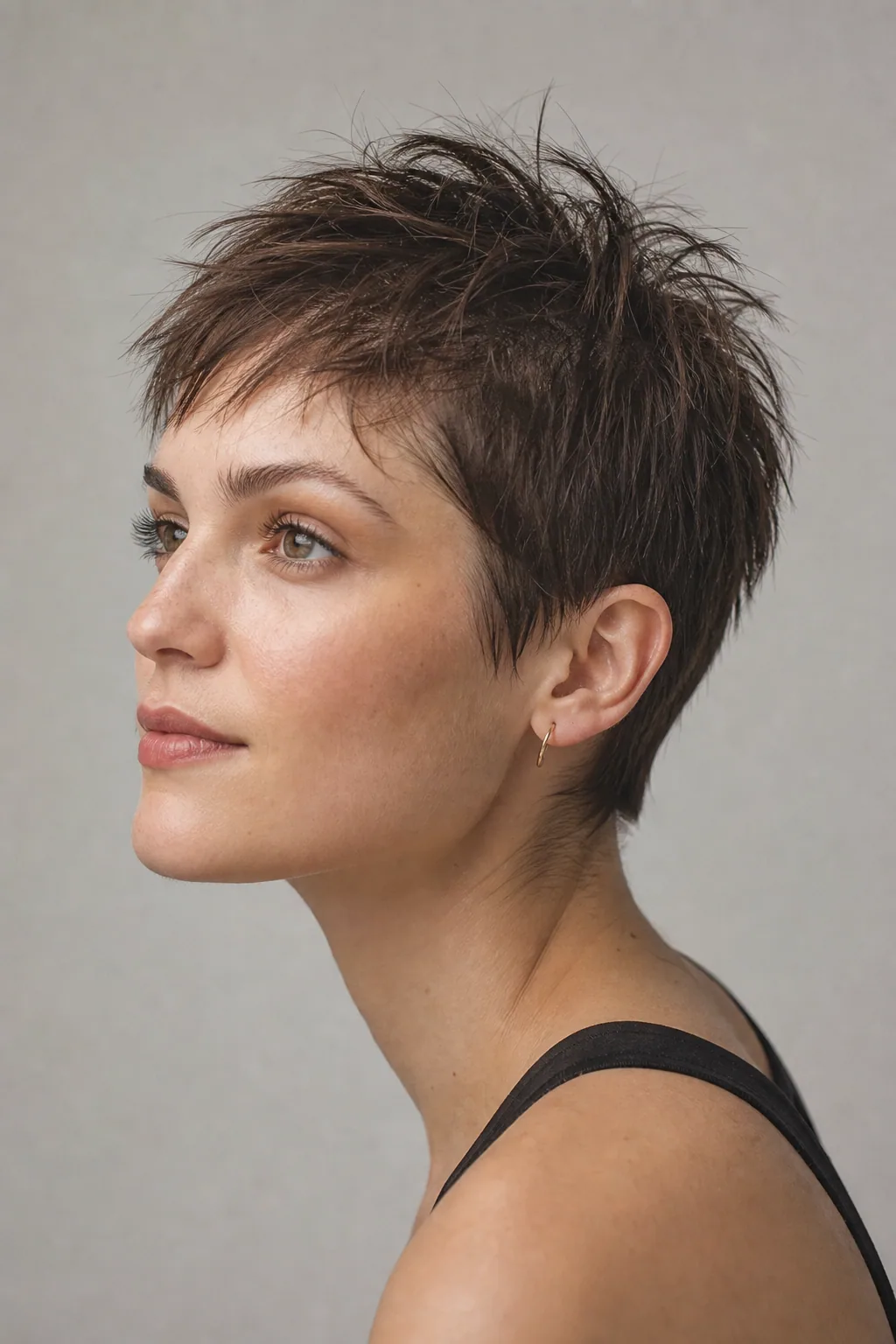 Classic textured pixie crop with a piece-y point-cut top on fine hair
