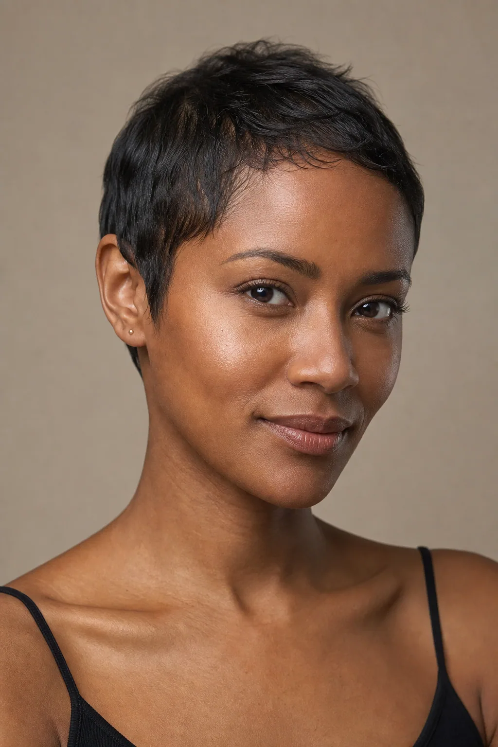 Very short cropped cut worn close with the hairline and face fully exposed on fine dark hair, woman with an oval face