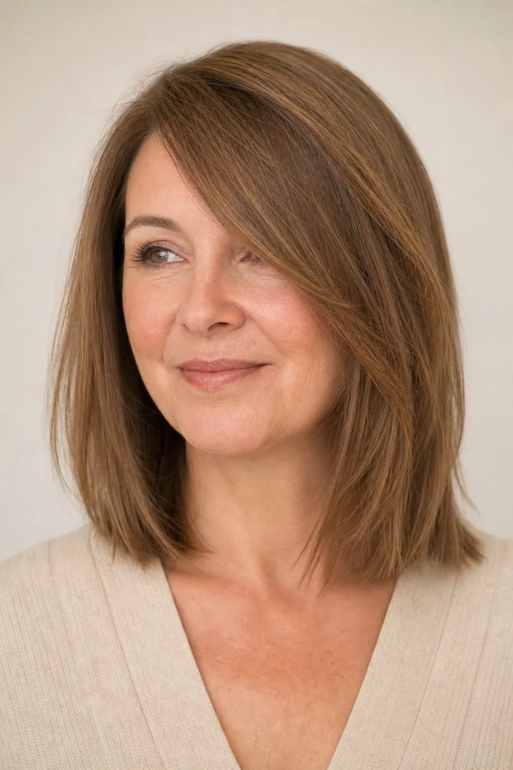 Collarbone lob with a deep side part and soft internal layers on fine straight honey-brown hair, woman with a round face