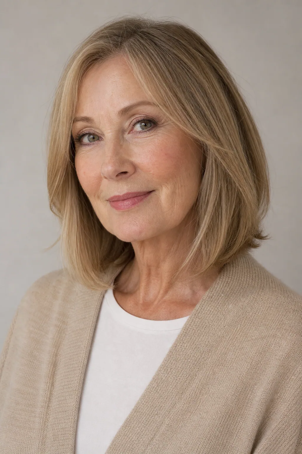 Collarbone lob with a full hem on fine dark-blond hair over 60
