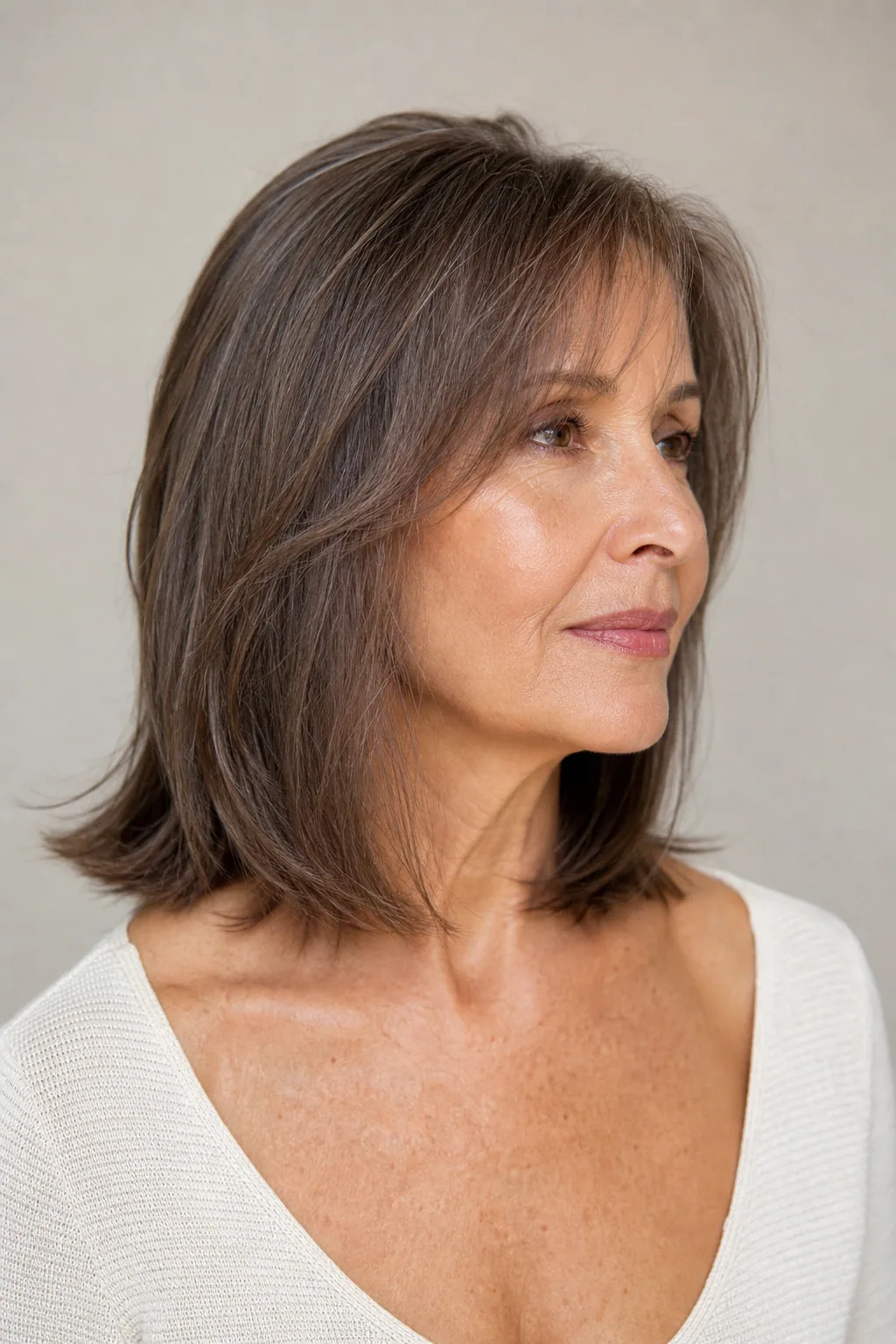 Collarbone lob with soft internal layers on fine straight thin brown hair over 60