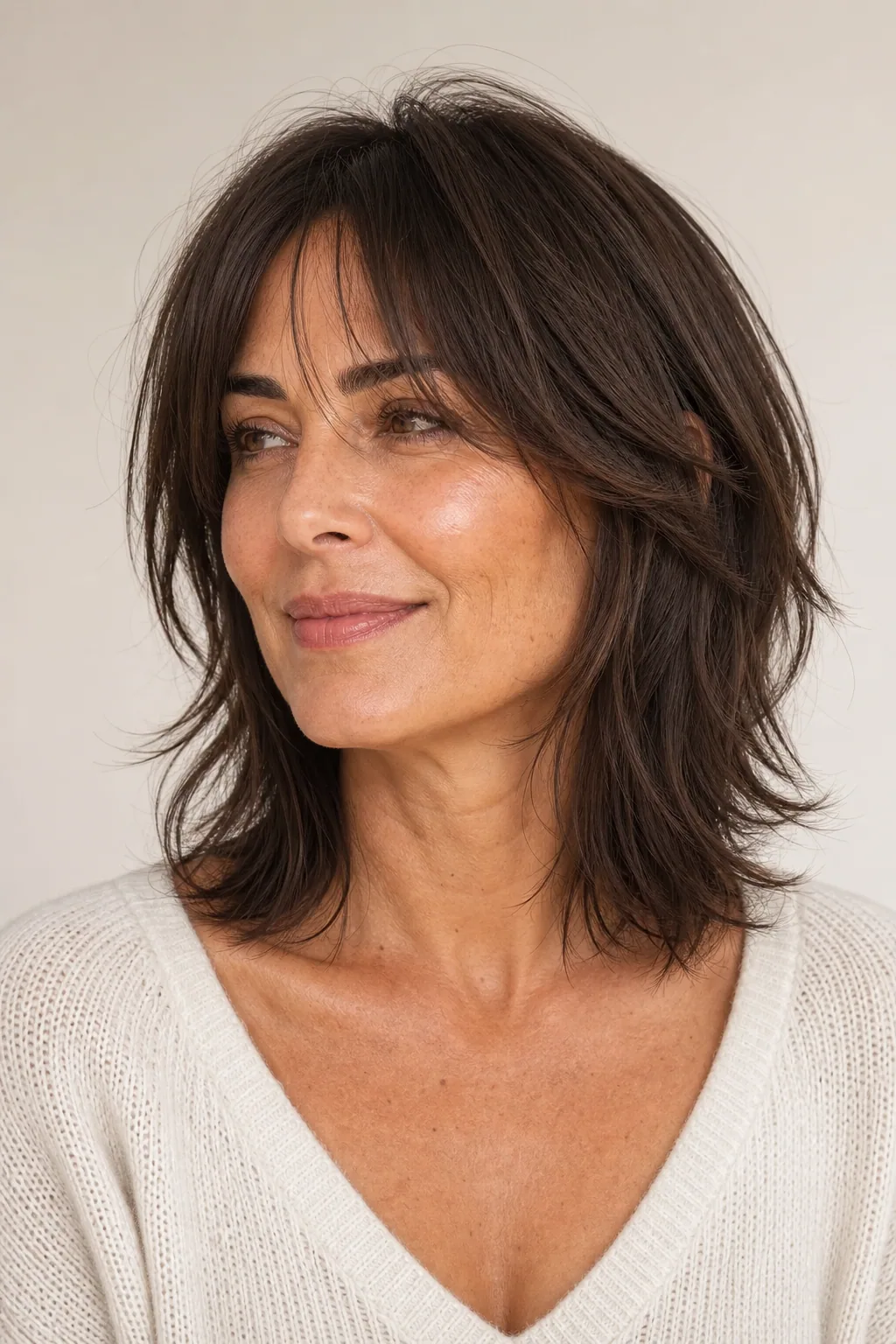Collarbone modern shag with soft crown layers and a curtain fringe on fine hair