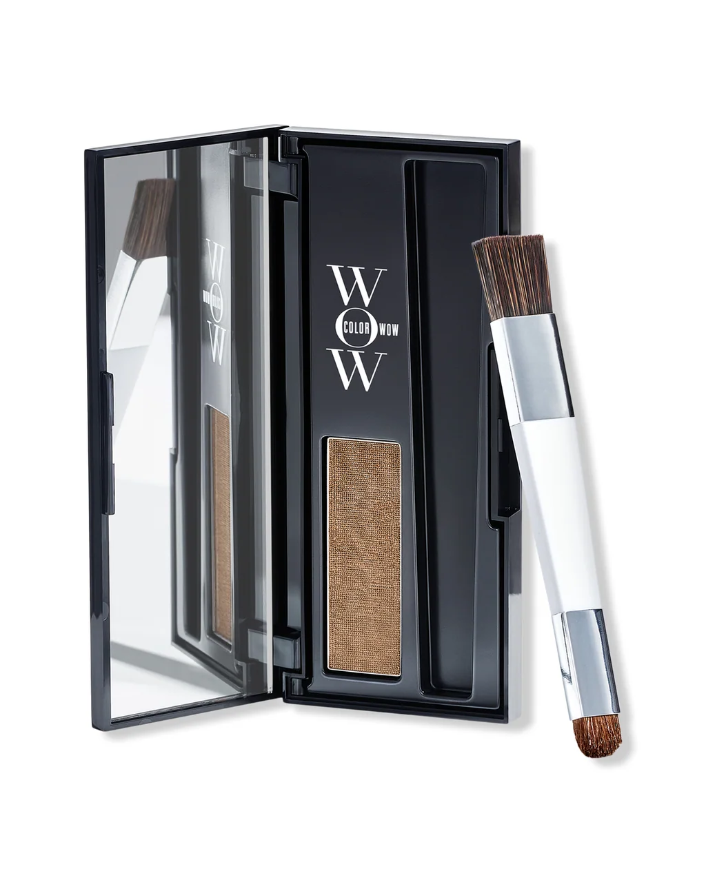 Color Wow Root Cover Up pressed powder compact with its dual-ended brush, a root concealer for fine hair