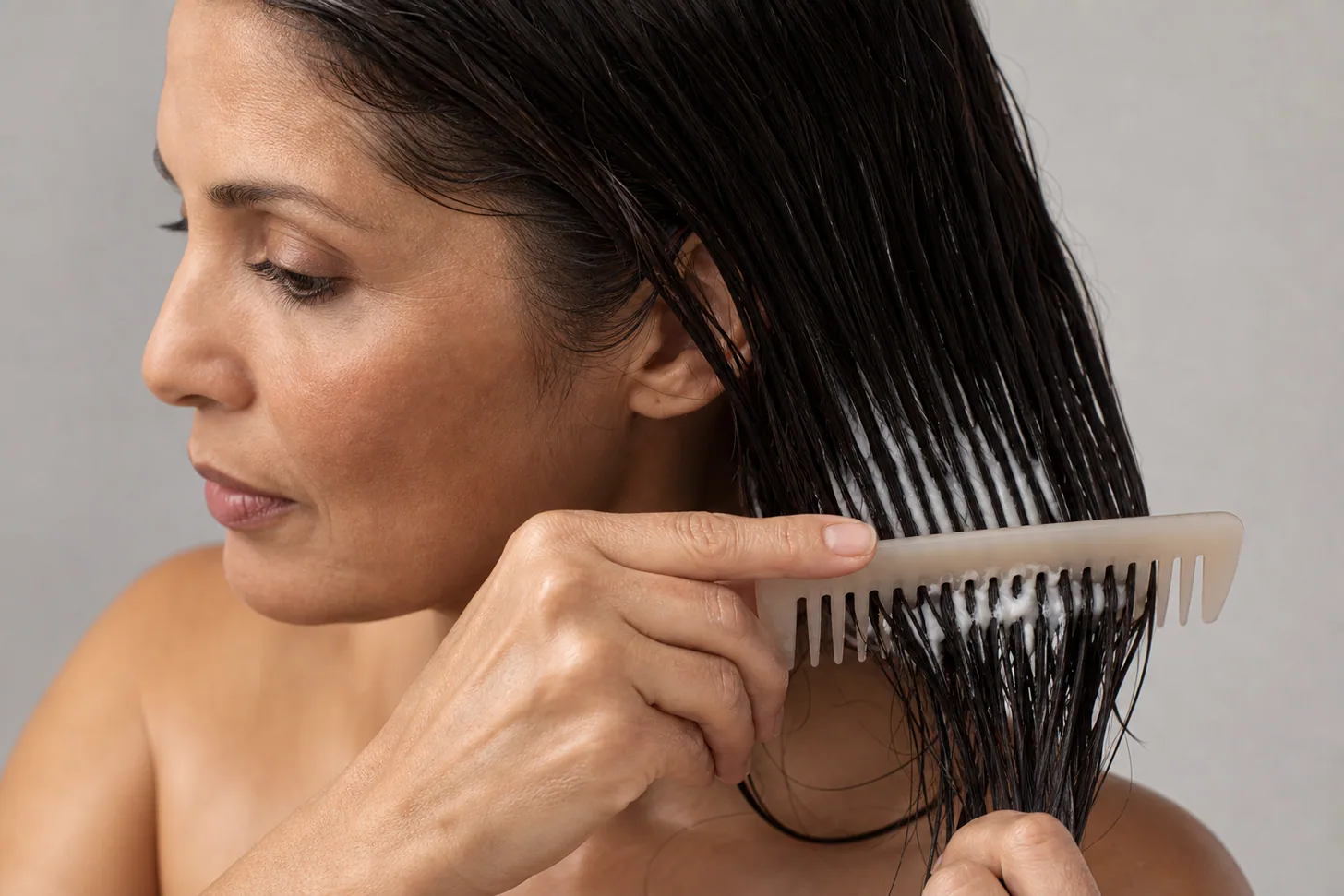 Conditioner combed through only the mid-lengths and ends of fine wet hair, roots kept clean