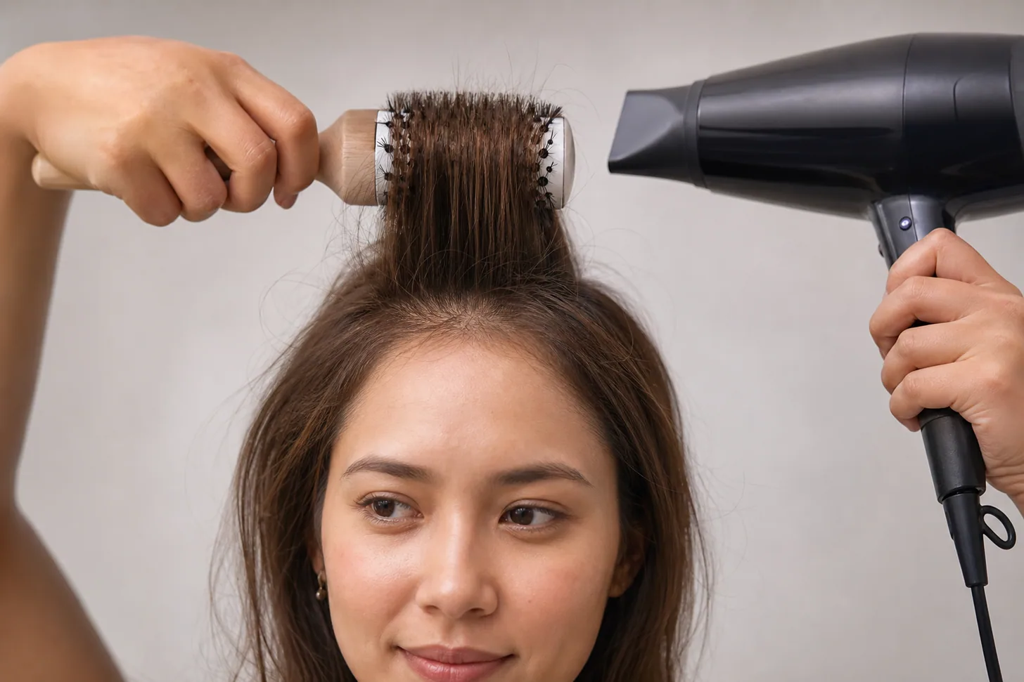 Setting a lifted root section of fine hair with the cool shot on a round brush at the crown