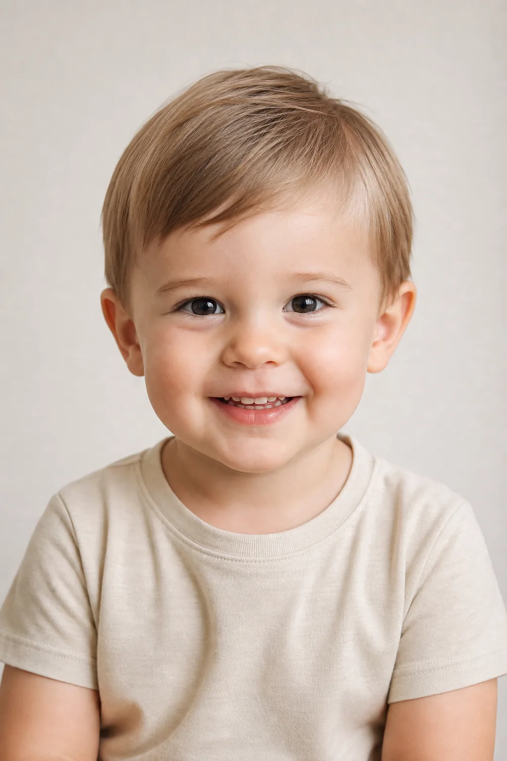 Toddler boy with a fringe angled to follow a front cowlick on fine hair