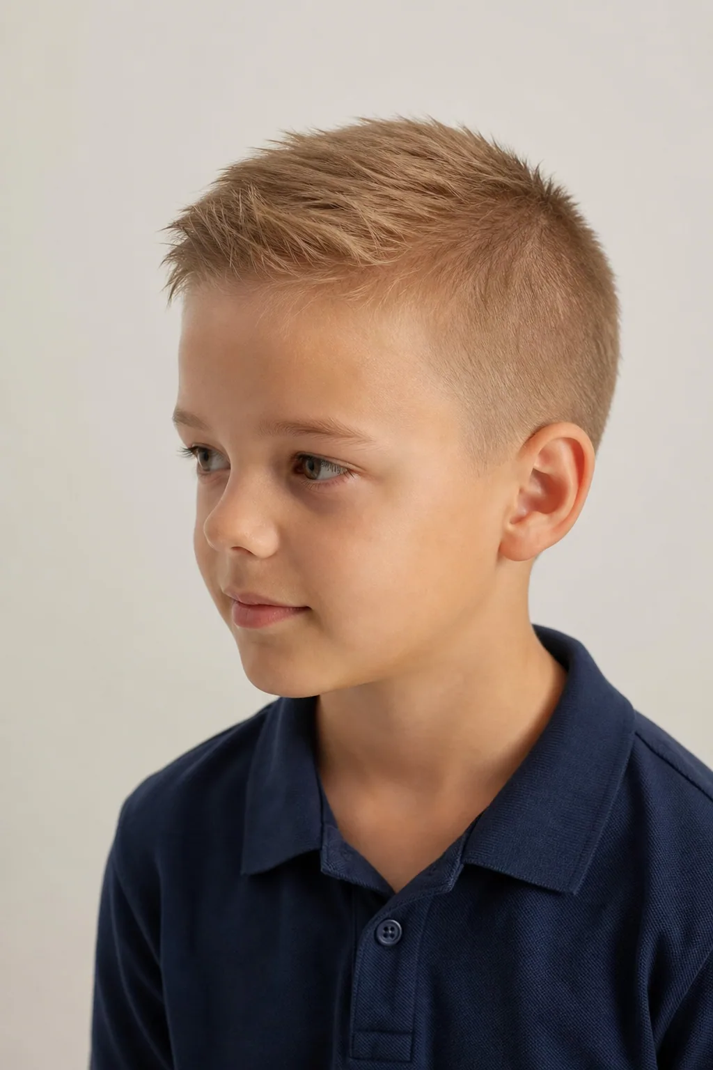 Nine-year-old boy with a crew cut on thin light-brown hair