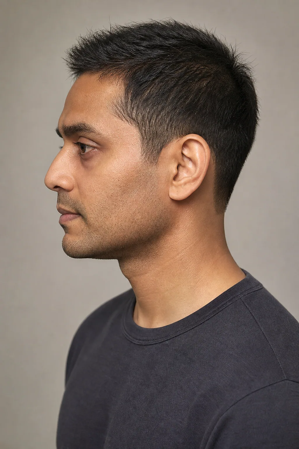 Crew cut with a low taper on thin black hair, side profile
