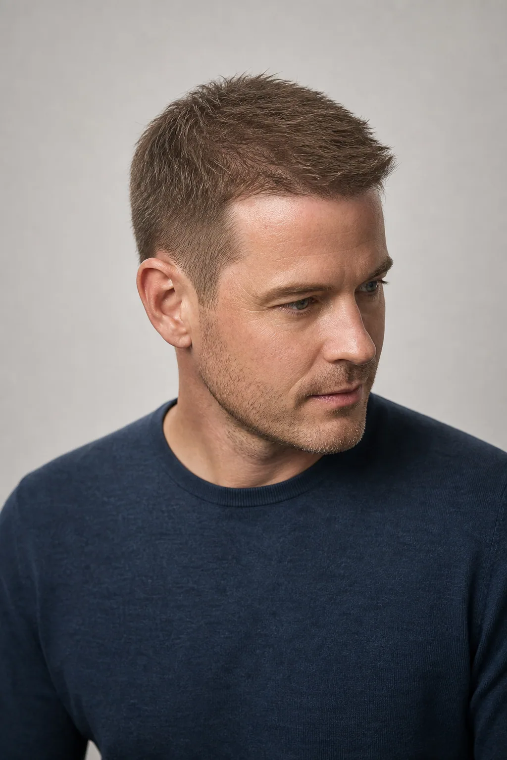 Classic crew cut with a short tapered top on a man with thin hair