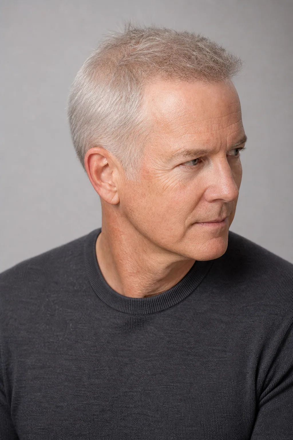 Crew cut with a softened front on a man in his sixties with thinning grey hair