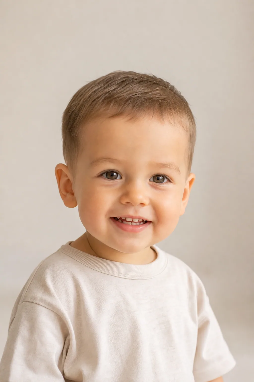 Toddler boy with a short soft crew cut on fine light-brown hair