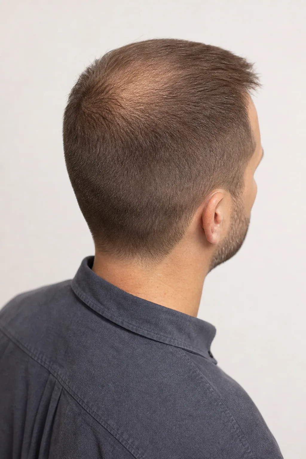 Crew cut with a short, even crown on a man with a thinning crown